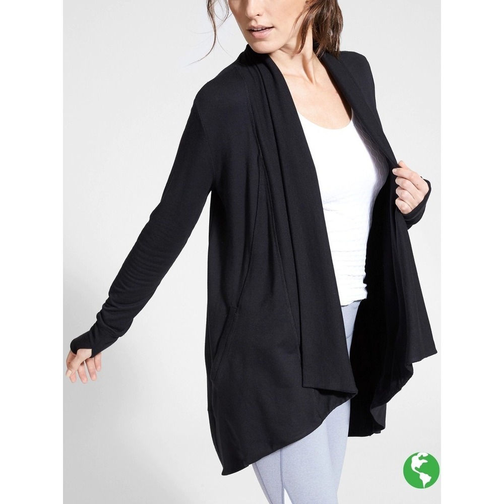 ATHLETA Pranayama Restore Wrap Cardigan Black Medium M Nirvana Soft Open Front